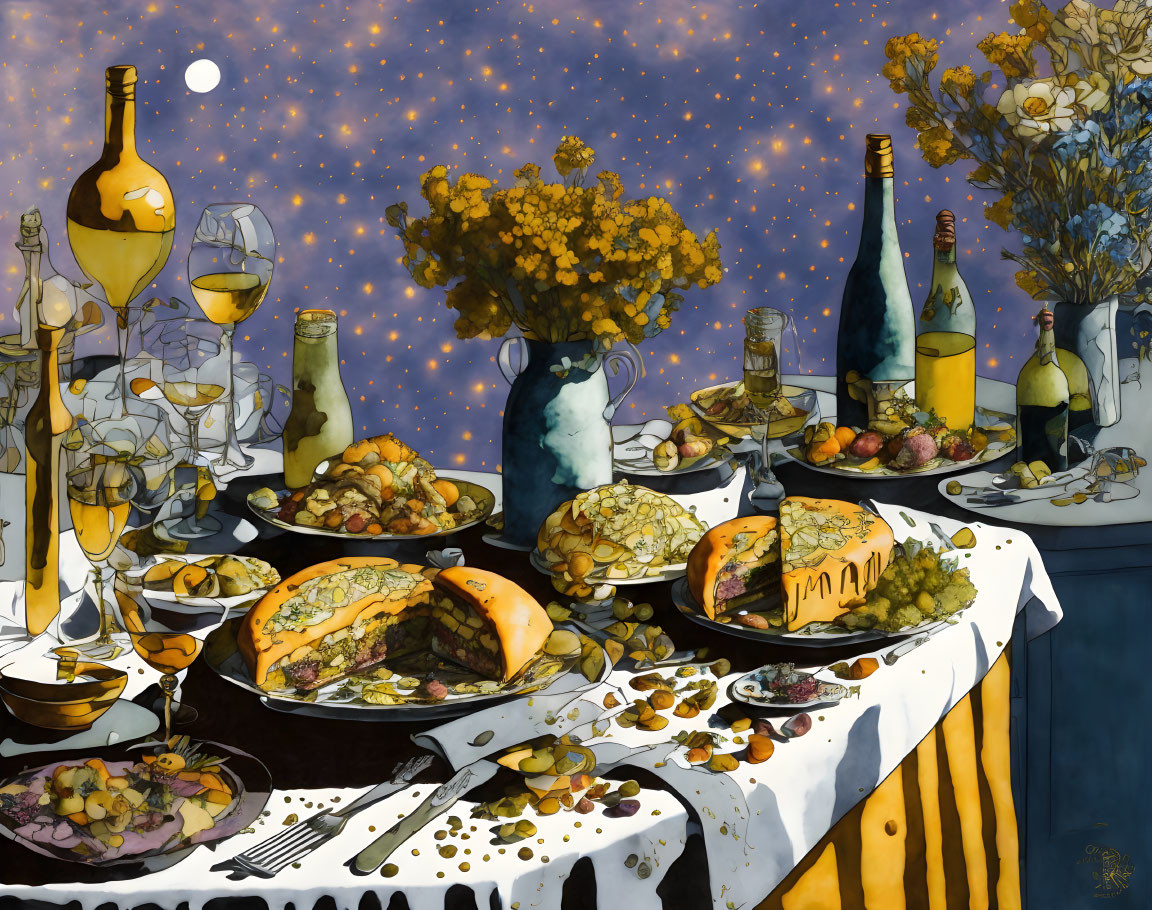 Festive dinner table under starry sky with overflowing dishes and wine glasses