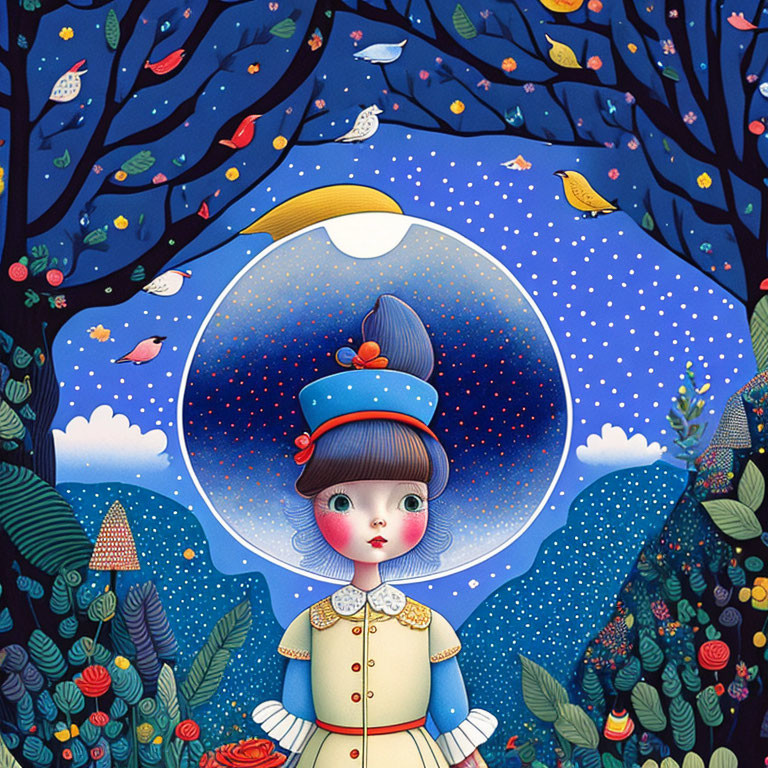 Illustration of girl with large translucent bubble in nocturnal forest