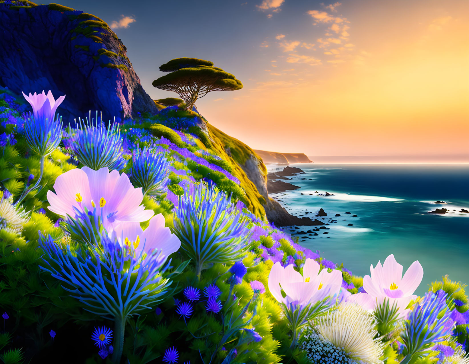 Scenic coastal landscape: purple flowers, lone tree, sunset ocean