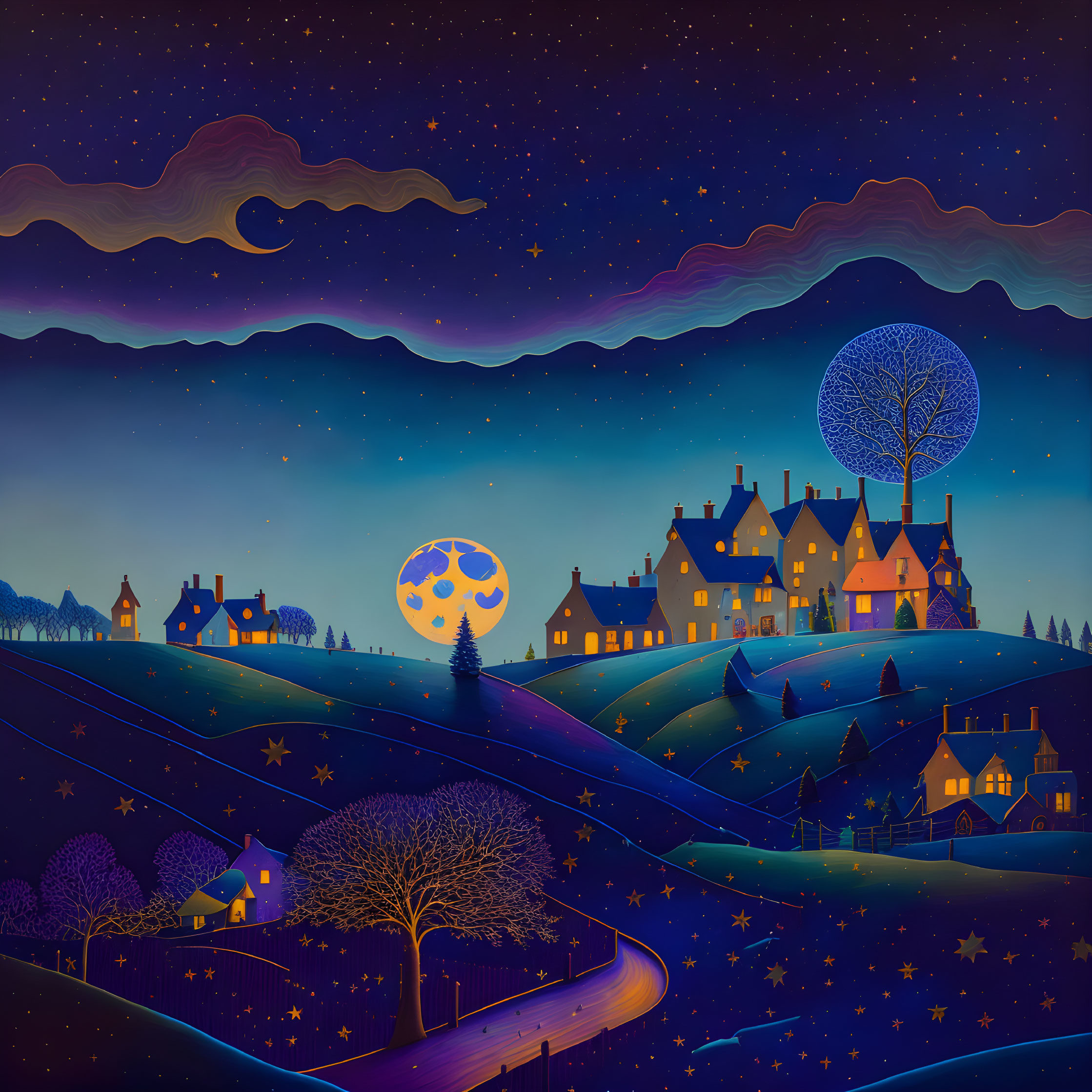 Whimsical night scene with blue moon, rolling hills, and celestial patterns