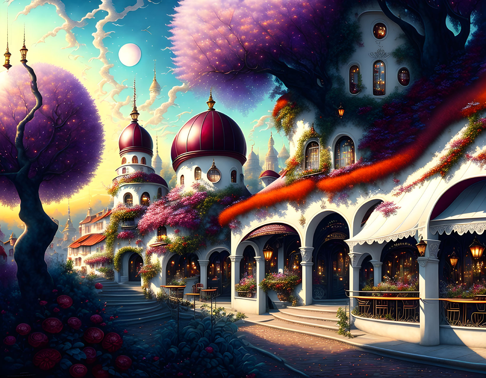 Colorful Glowing Trees and Whimsical Architecture in Fantasy Dusk Landscape