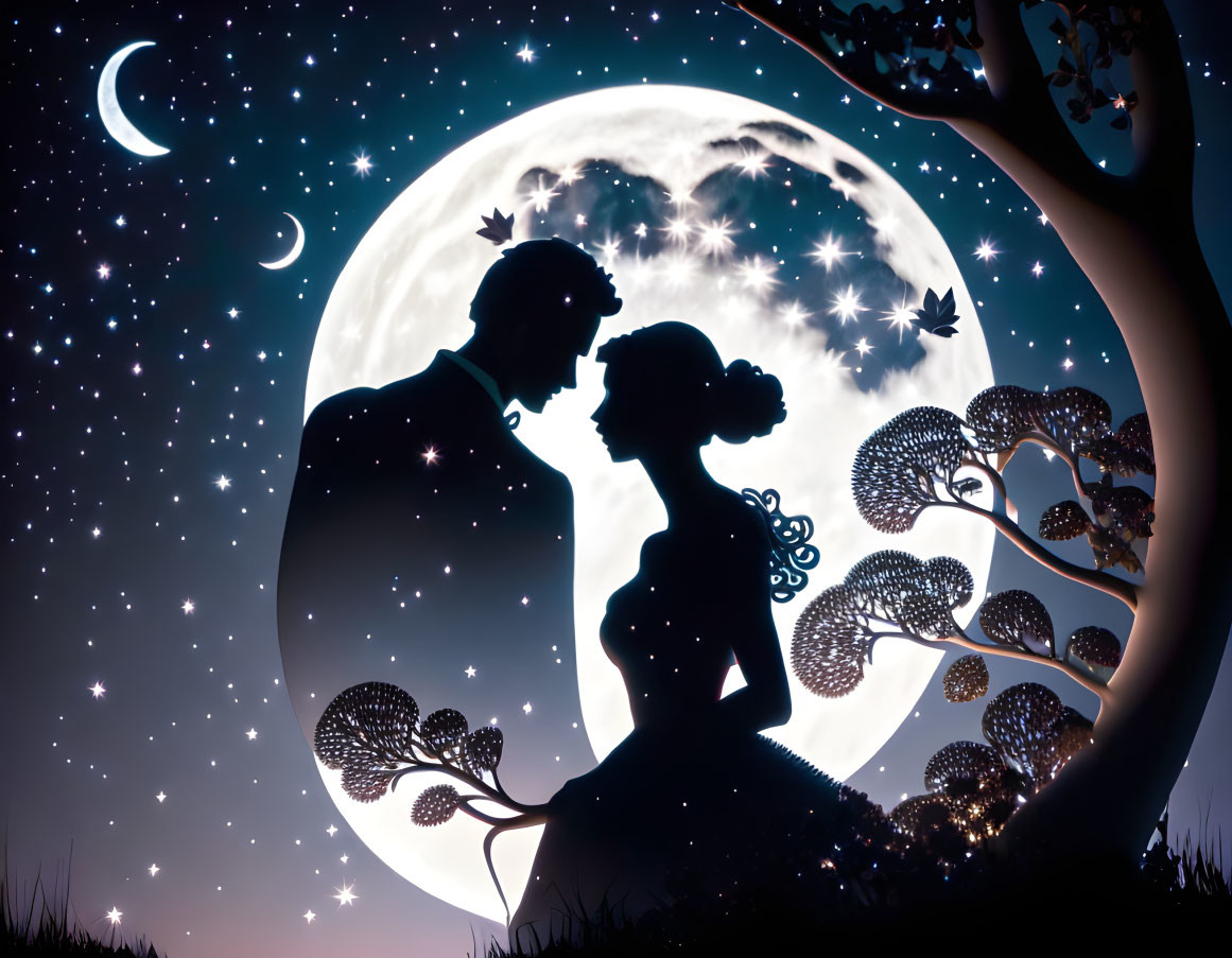 Romantic couple kissing under full moon and stars.