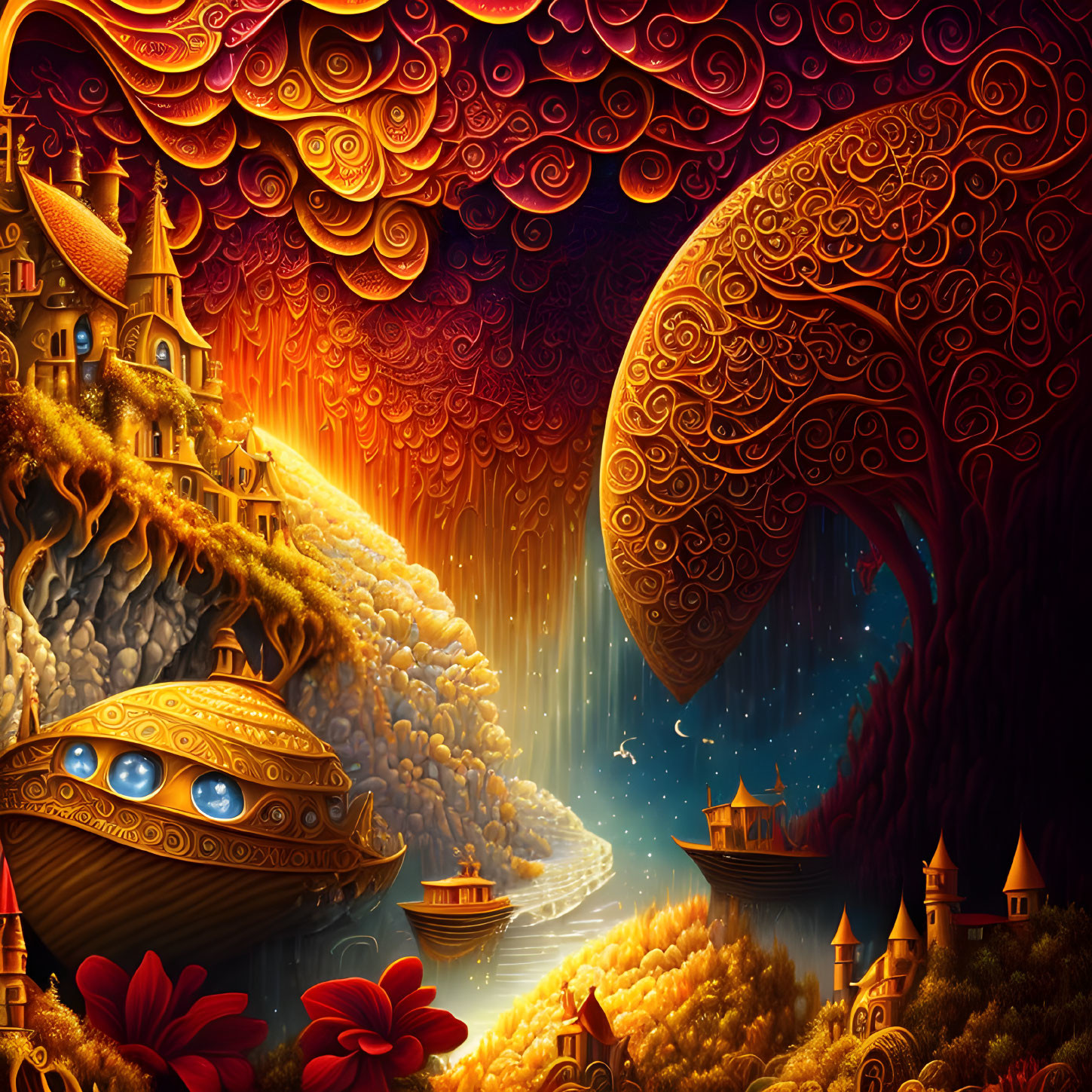 Golden ship on cloud river under swirling orange sky with castle-like structures.