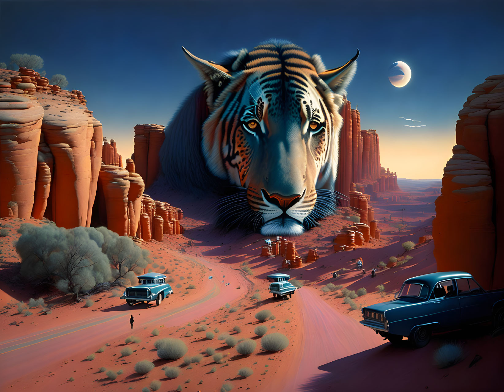 Surreal desert landscape with giant tiger head, vintage cars, and moon