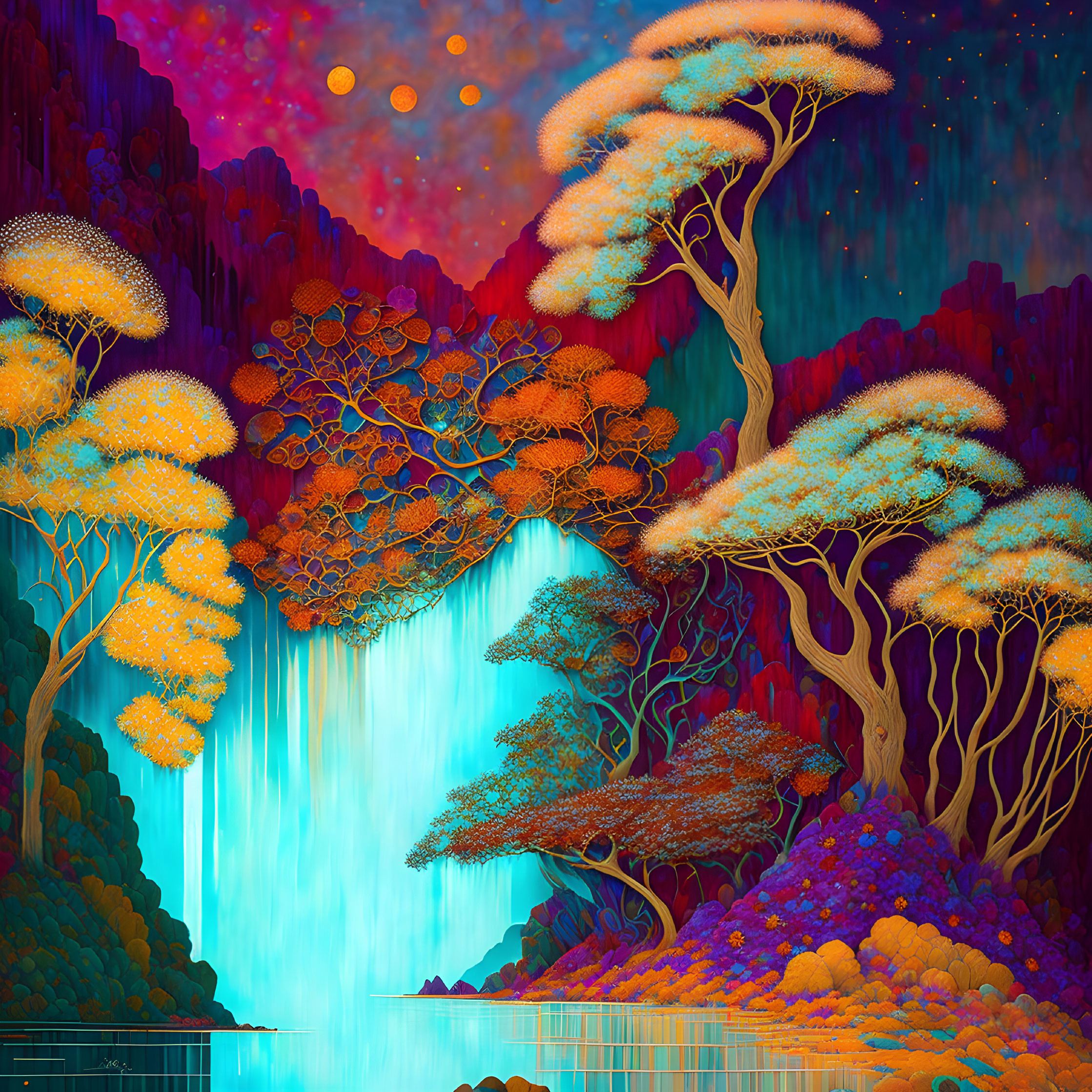 Colorful Surreal Waterfall Scene with Trees and Stars