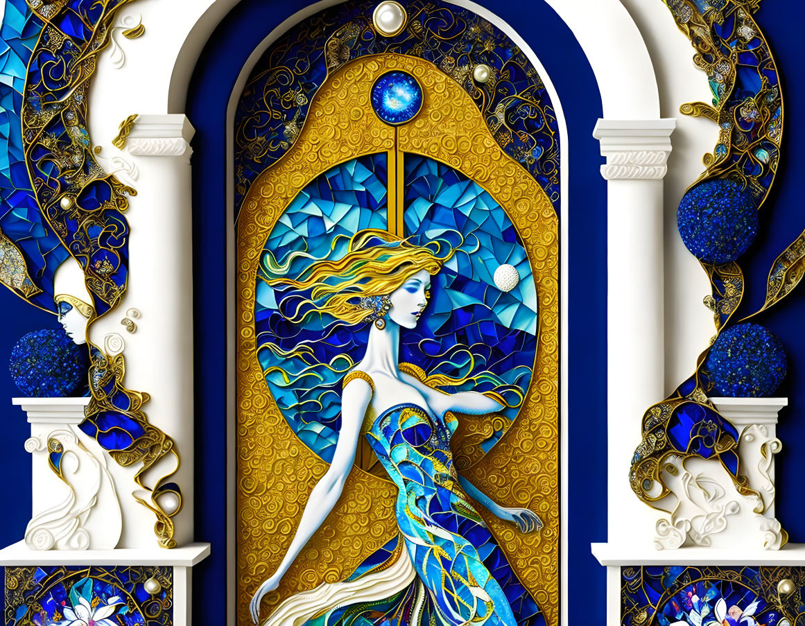 Stylized woman in flowing blue dress with gold and blue patterns in ornate frame