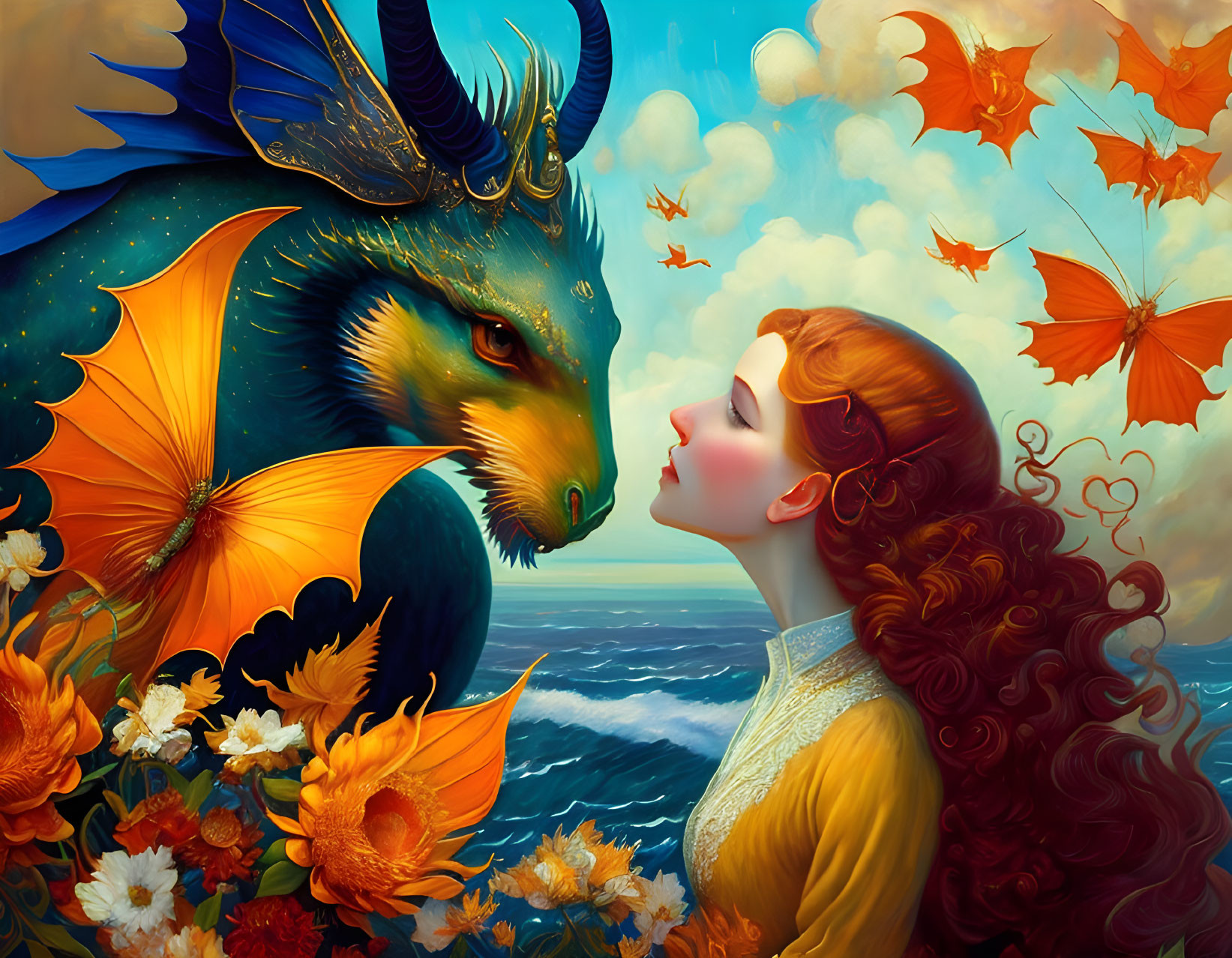 Red-haired woman observes blue dragon with butterflies in vibrant seascape