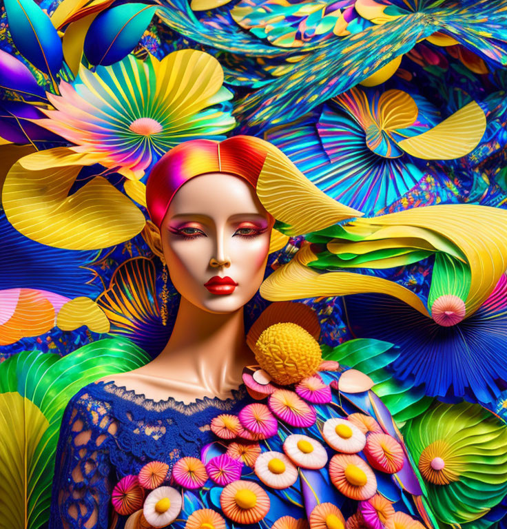 Vibrant digital art: stylized woman with colorful botanical elements