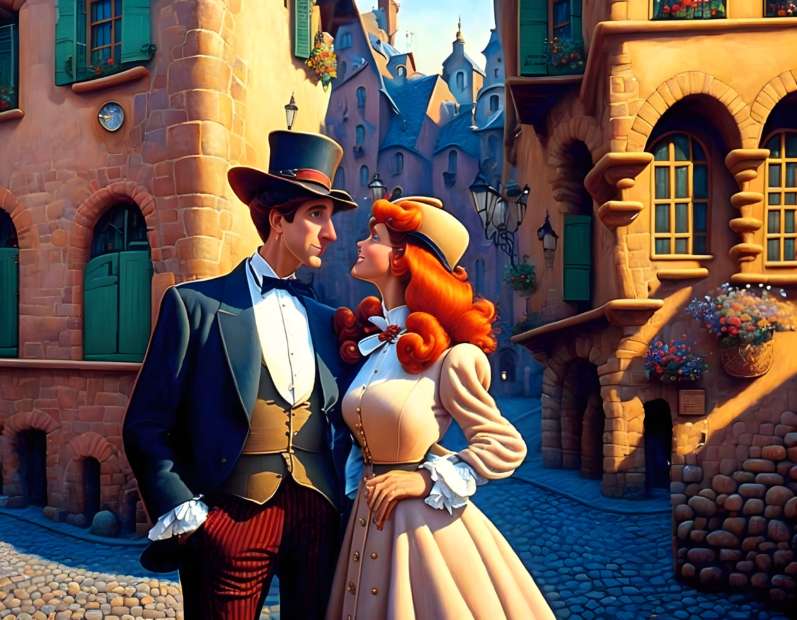 Stylized animated couple on cobblestone street at twilight