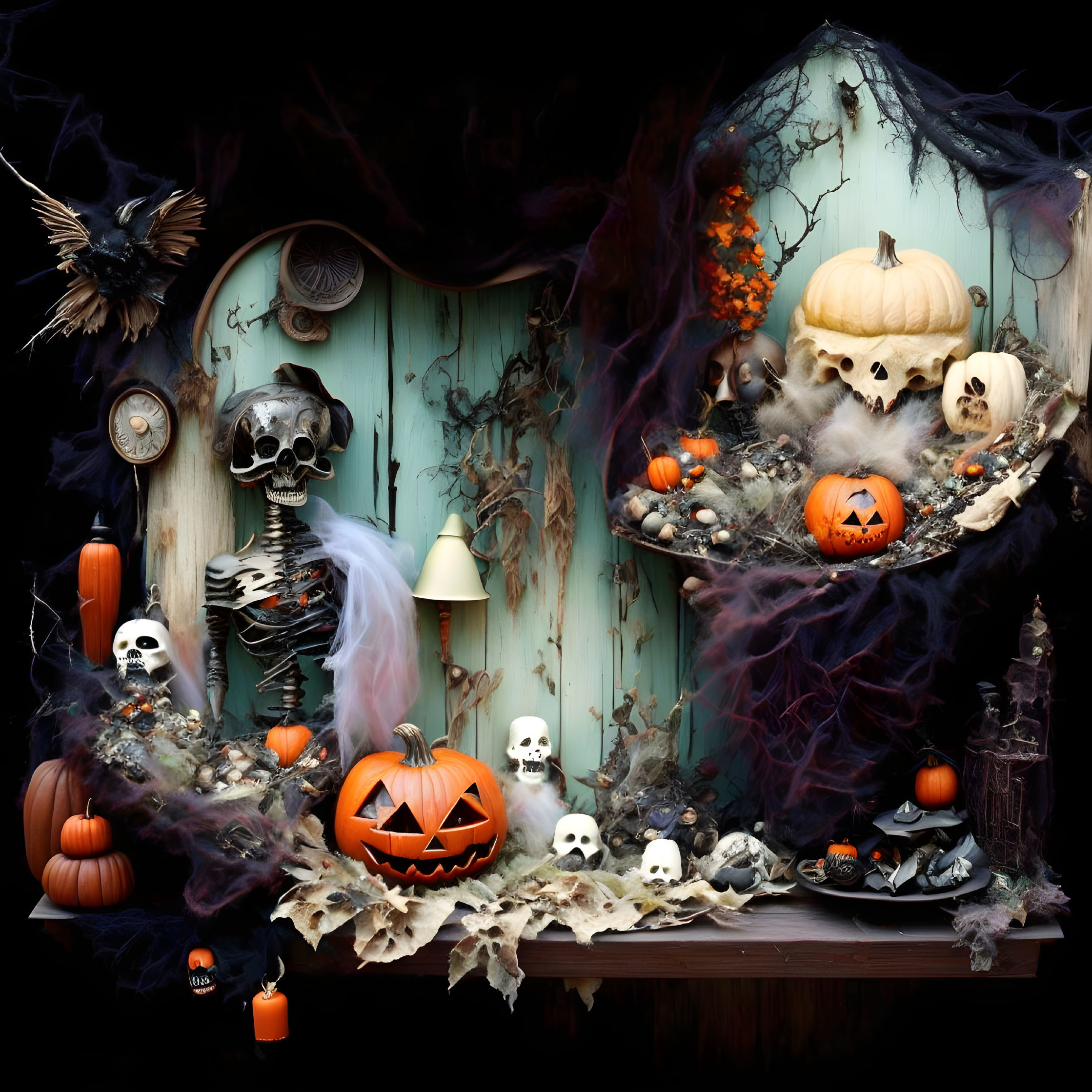 Halloween-themed display with carved pumpkins, skulls, cobwebs, and creepy decorations