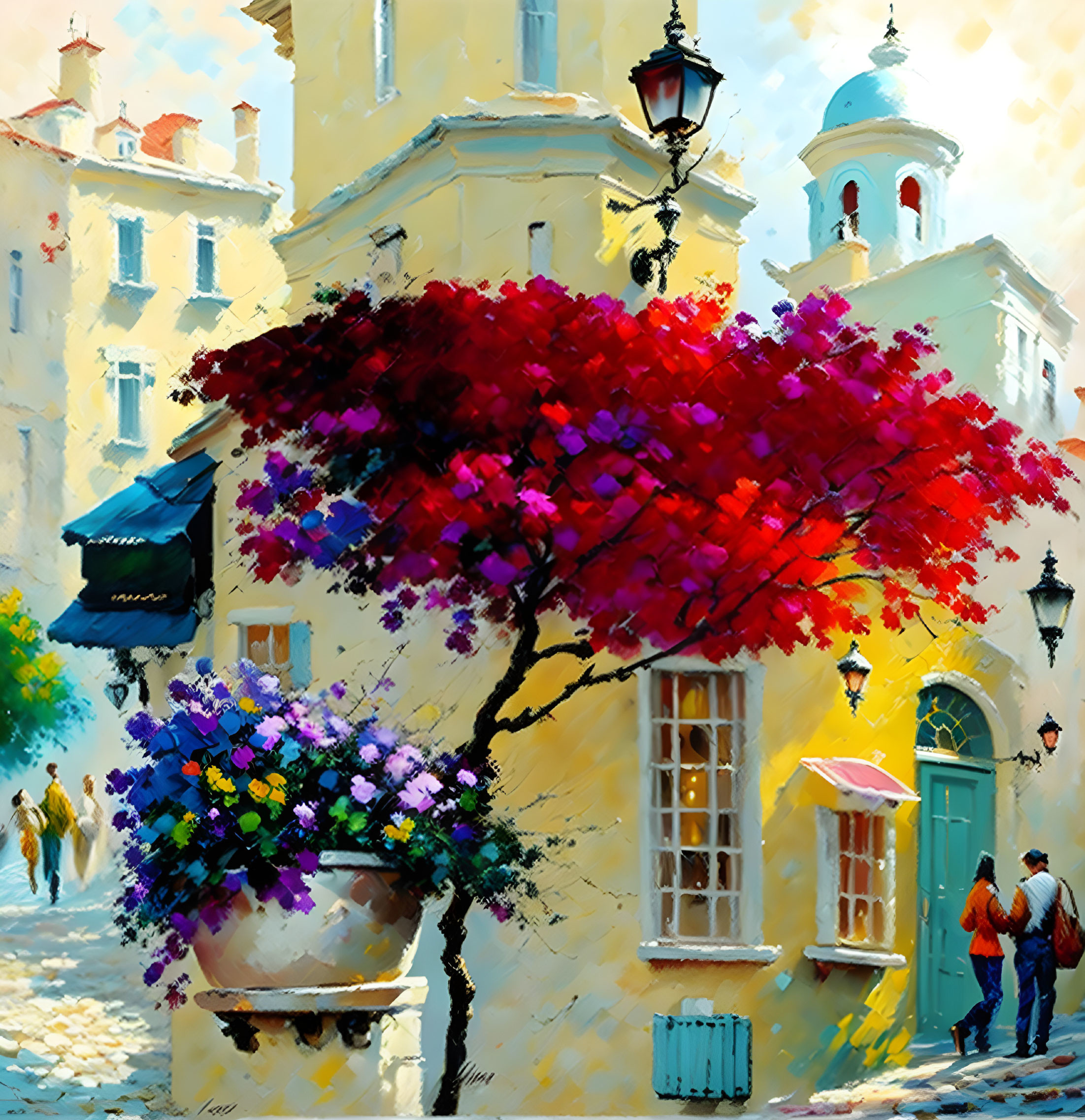 Colorful painting of sunlit street with flowers, couple, and blue sky