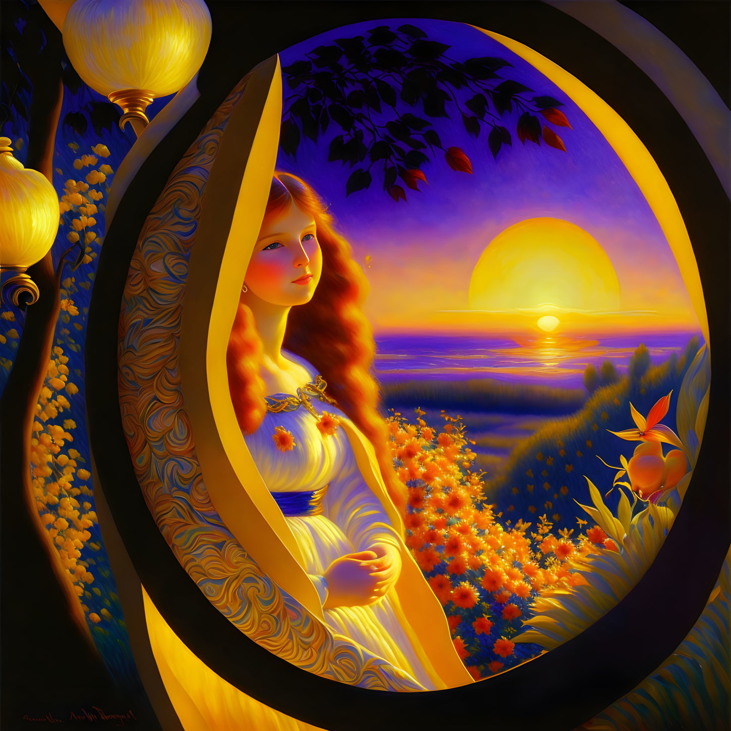 Surreal painting: Woman in white dress in crescent moon overlooking vibrant sunset