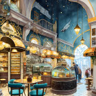 Celestial-themed bakery with golden decor and painted night sky