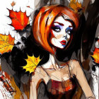 Colorful painting of woman with red hair and autumn leaves in dynamic style