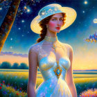 Woman in elegant glowing dress and hat in fantasy landscape with starry sky, blooming trees, and