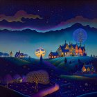 Whimsical night scene with blue moon, rolling hills, and celestial patterns