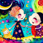 Whimsical characters holding hands in cosmic scene