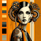 Mechanical woman art against orange geometric backdrop with color palette.