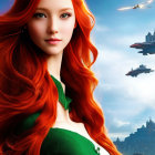 Fantastical image of woman with flowing red hair, bats, and castle.