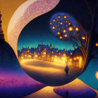 Moonlit town illustration with crescent moon archway, cobblestone streets, lanterns, and