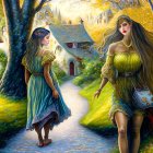 Two women in flowing dresses stroll in picturesque village lane.