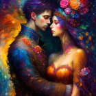 Fantasy romantic couple embraced in cosmic hues and floral adornments