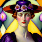 Woman with Black Hat and Purple Flowers Against Geometric Background