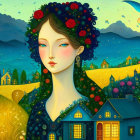 Colorful woman illustration with landscape and houses in hair - whimsical night-time village scene