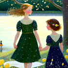 Two girls in vintage dresses by a sunlit lake with trees and yellow flowers