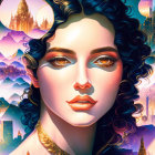 Curly-haired woman in front of fantastical cityscape with warm hues