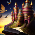 Fantasy castle with purple and golden towers on cliffs in a storybook setting under twilight sky.