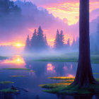 Tranquil forest scene with purple and pink sunrise and calm water