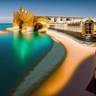 Surreal image: Woman in elaborate attire next to golden train and genie's lamp on beach