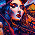 Colorful digital art: Two women with cosmic elements, flowing hair, stars, planets, and brain