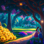 Children on flower-lined path near cozy house in colorful twilight forest