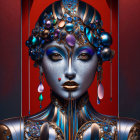 Symmetrical design of futuristic robotic woman with ornate headgear on orange backdrop