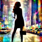 Colorful Watercolor Cityscape Night Scene with Woman Silhouette Holding Flower