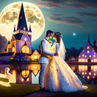 Newlywed couple embracing by lakeside with church, full moon, and swans.