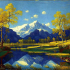 Golden autumn trees, calm lake, and snowy mountains in serene landscape