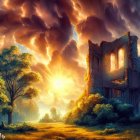 Colorful surreal landscape with whimsical castle and autumn trees