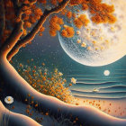 Golden leaf tree under moonlight in magical landscape