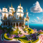 Fantasy-style palace with golden spires on green hills under vibrant sky