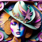 Colorful digital artwork of a woman's face with a decorative hat and intricate floral patterns