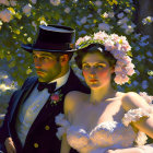 Bride and groom in formal wedding attire with sunlight through flower-laden branches