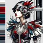 Futuristic digital art: Geometric shapes, metallic textures, red, black, and silver palette