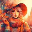 Digital artwork of woman with autumn leaves, scarf, hat, and city backdrop