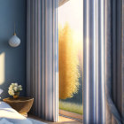 Sunset bedroom with open curtains, tree in golden light, flowers on bedside table