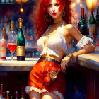 Illustration of woman with red hair in bold outfit at bar with wine.