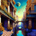 Fantastical palace with golden balconies, purple flora, waterways, celestial bodies