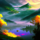 Colorful digital artwork of misty mountain landscape with lake, boat, foliage, and castle at sunrise